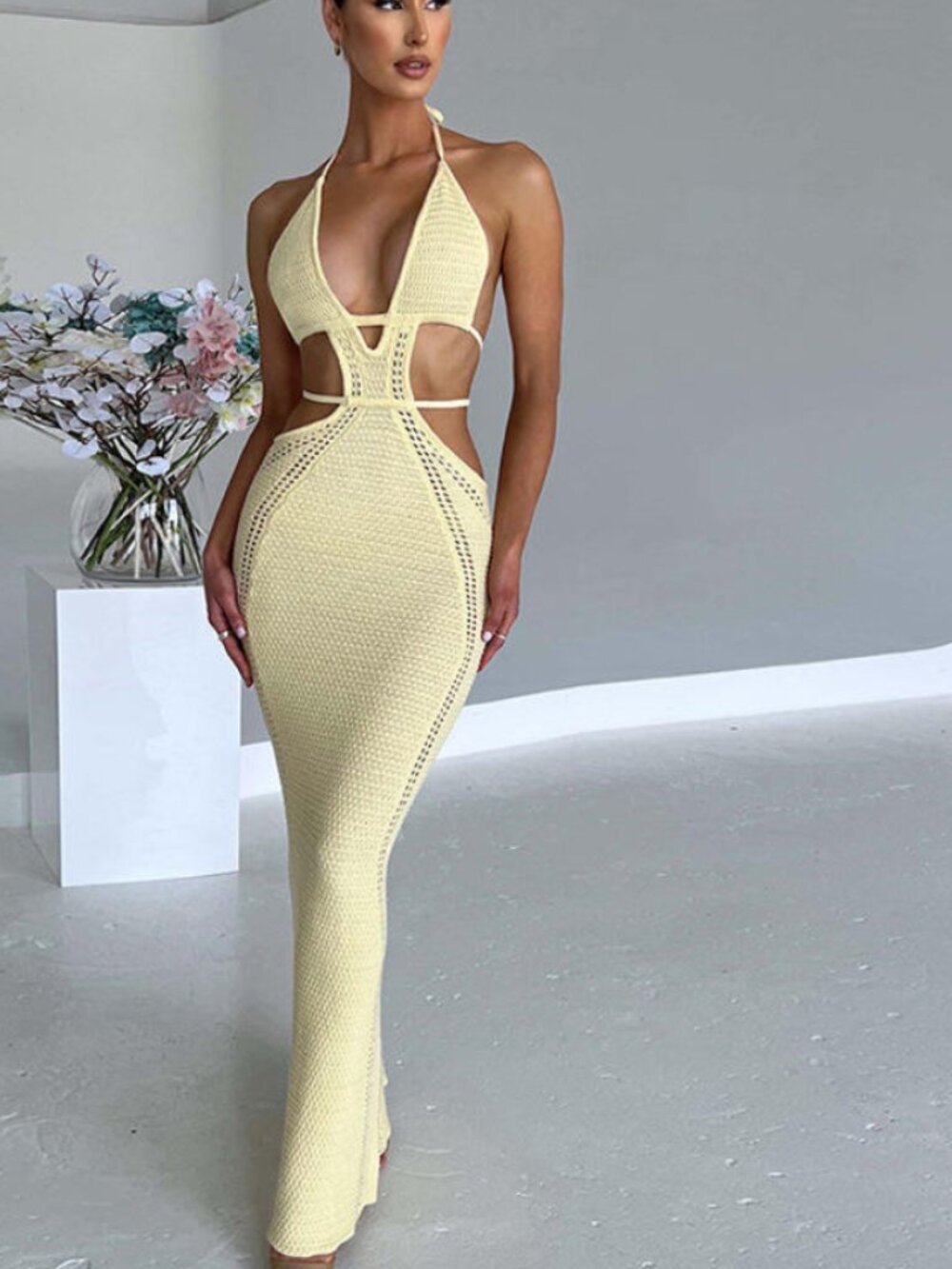 Buttermilk Yellow Crochet Halter Cut Out Plunge Maxi Dress